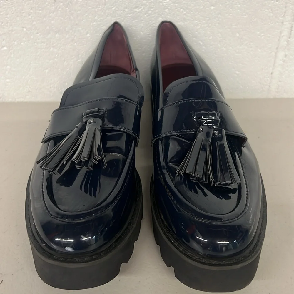 Sarto sz9.5 midnight blue loafers tassel slip on preppy patent leather Balinna